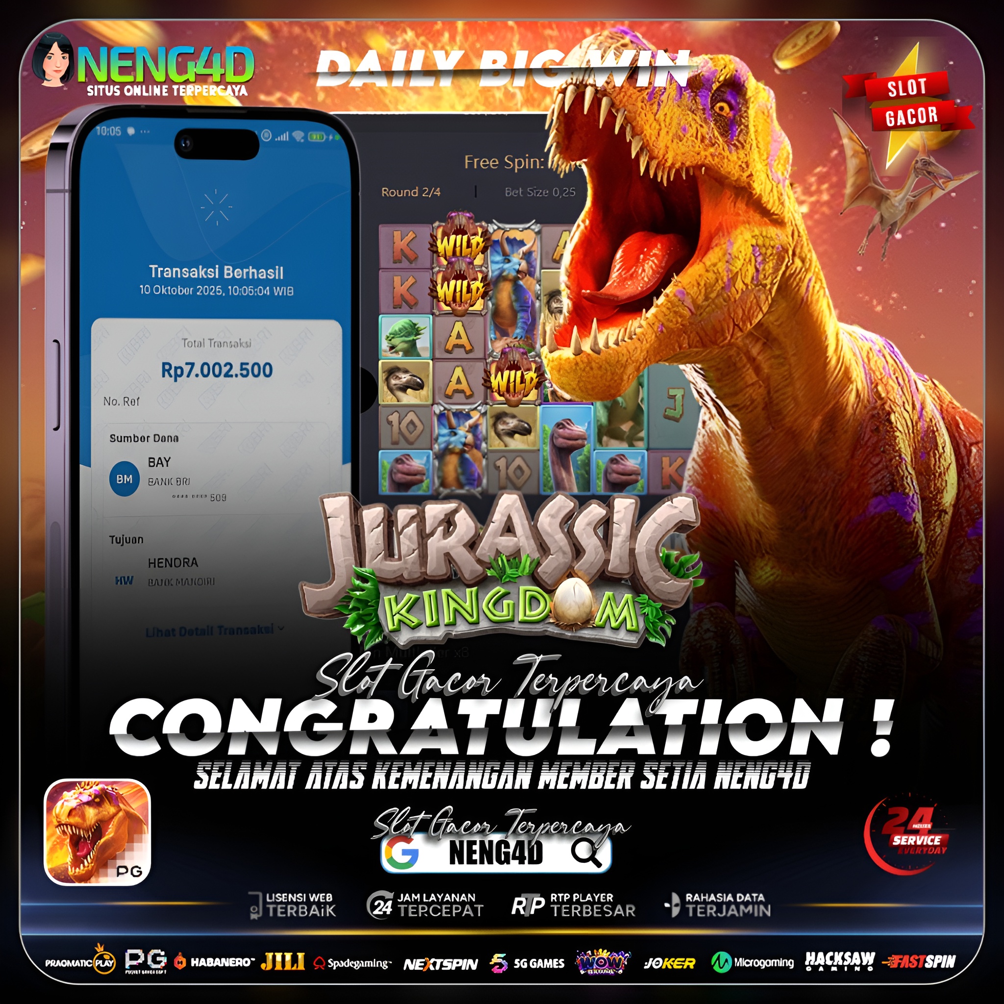 DINO NGAMUK! MEMBER NENG4D RAIH KEMENANGAN 7 JUTA DI JURASSIC KINGDOM PG SOFT!