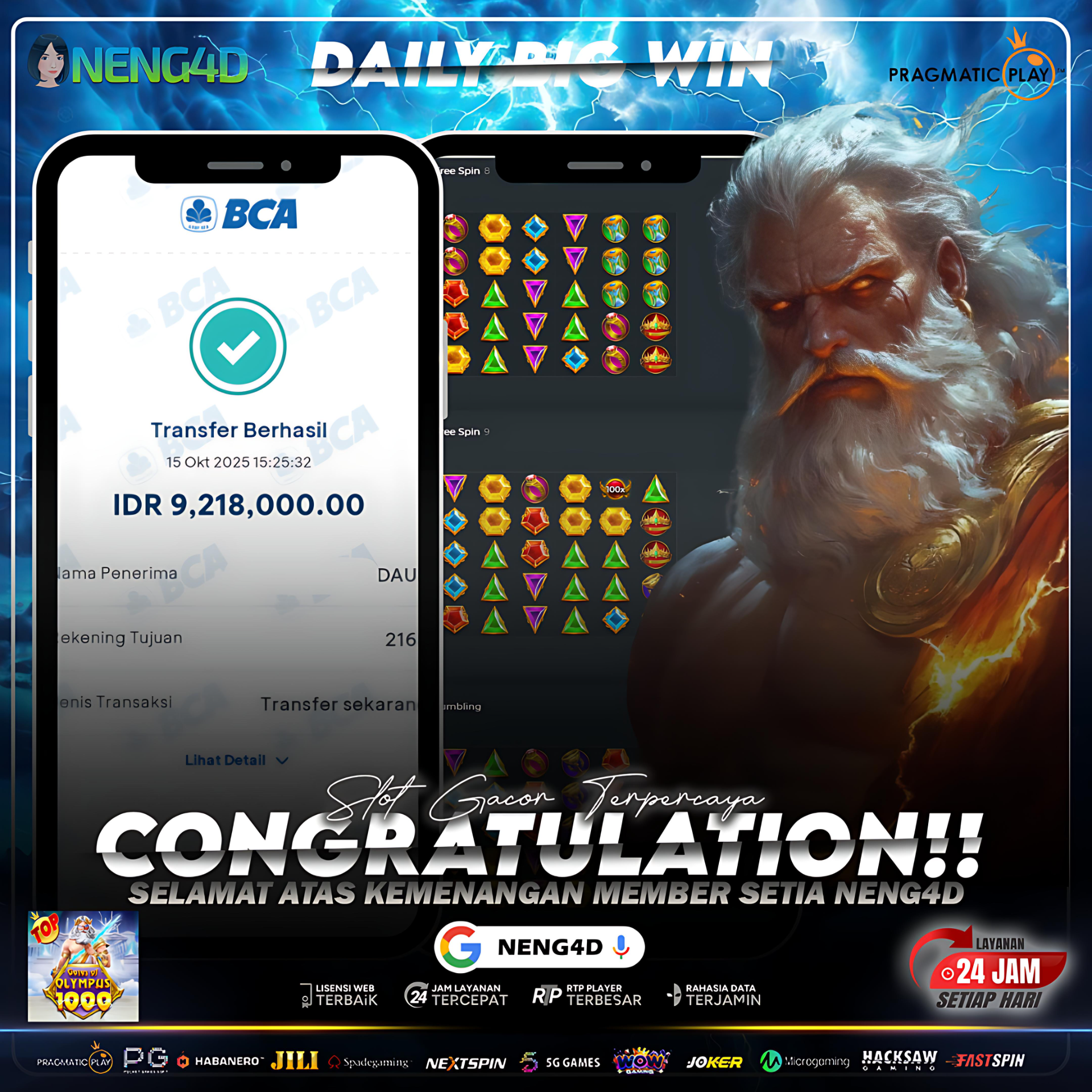 PETIR KEMENANGAN MENYAMBAR! MEMBER NENG4D RAIH 9 JUTA DI GATES OF OLYMPUS 1000!