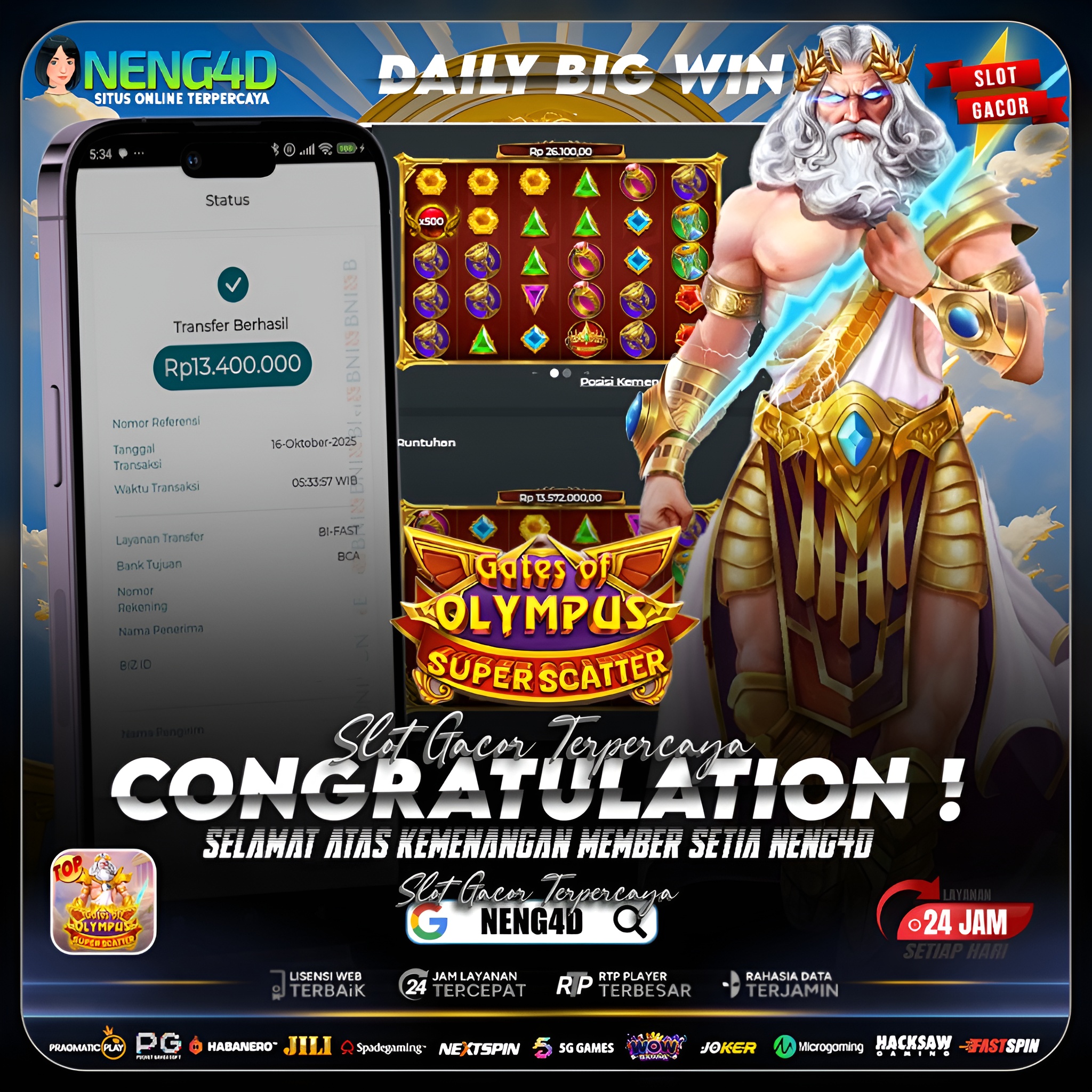 Member Setia NENG4D Raih Kemenangan 13,4 Juta di Gates of Olympus Super Scatter