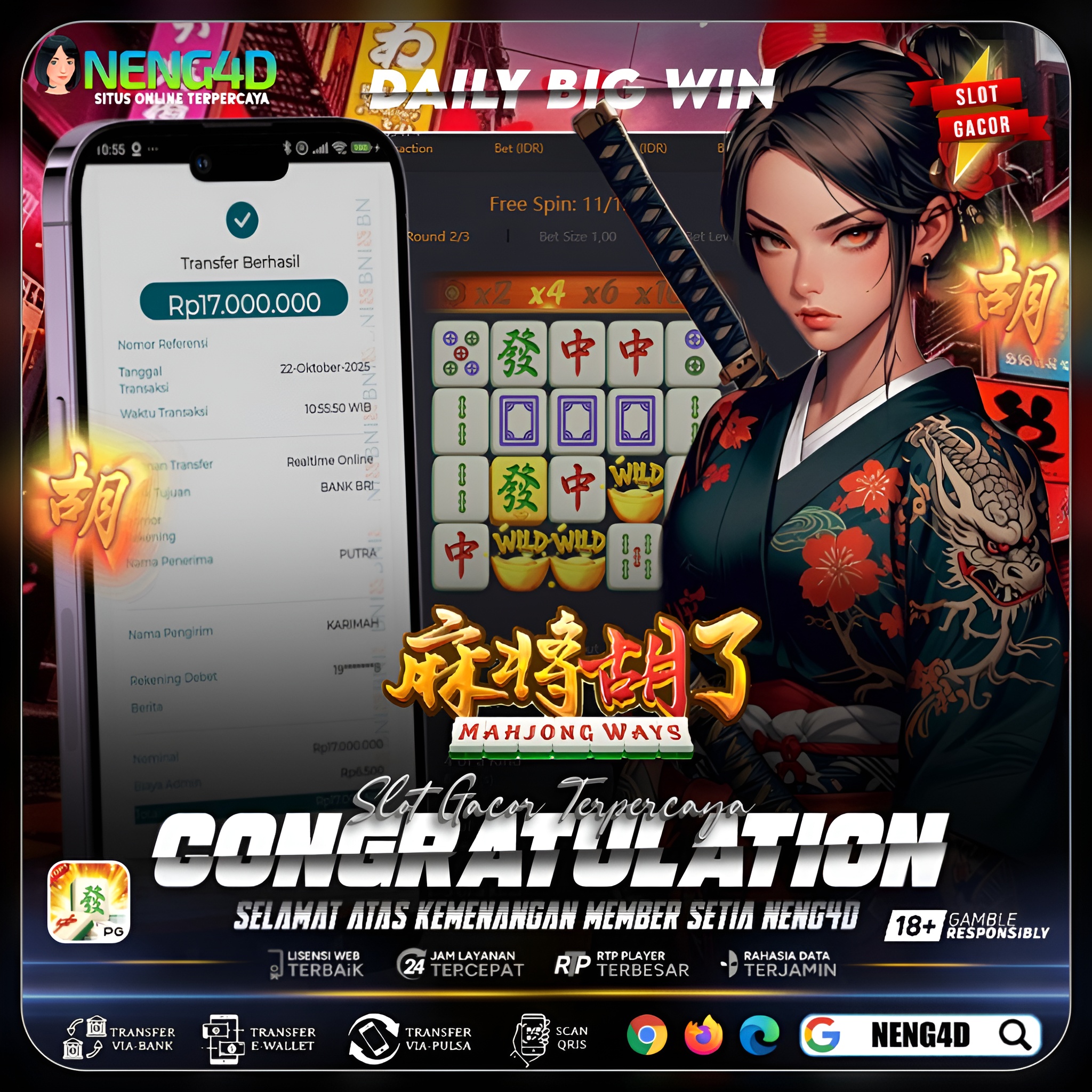 Kemenangan 17 Juta Member Setia NENG4D di Permainan Mahjong Ways PG Soft