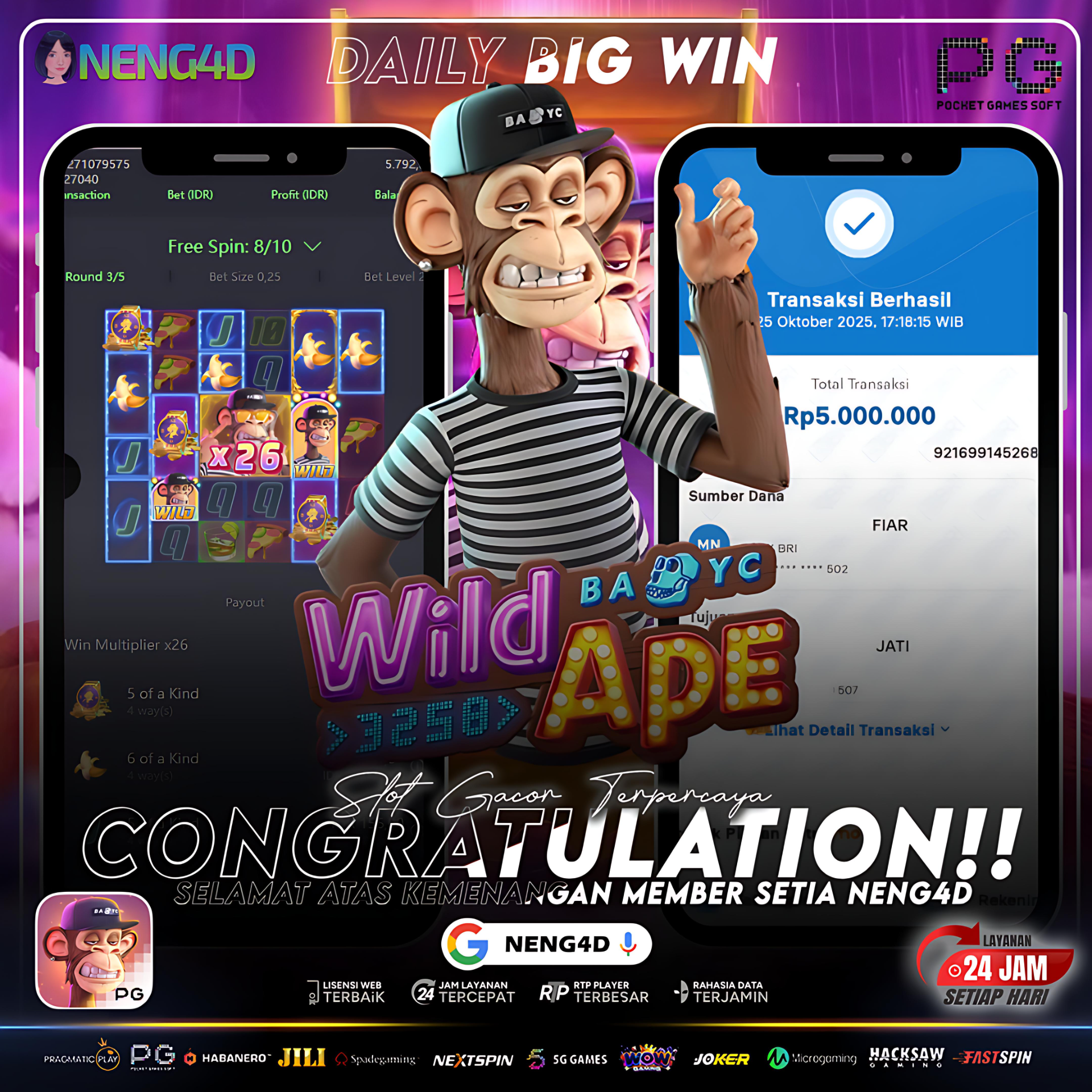 Kemenangan 5 Juta Member Setia NENG4D di Permainan Wild Ape #3258 PG Soft