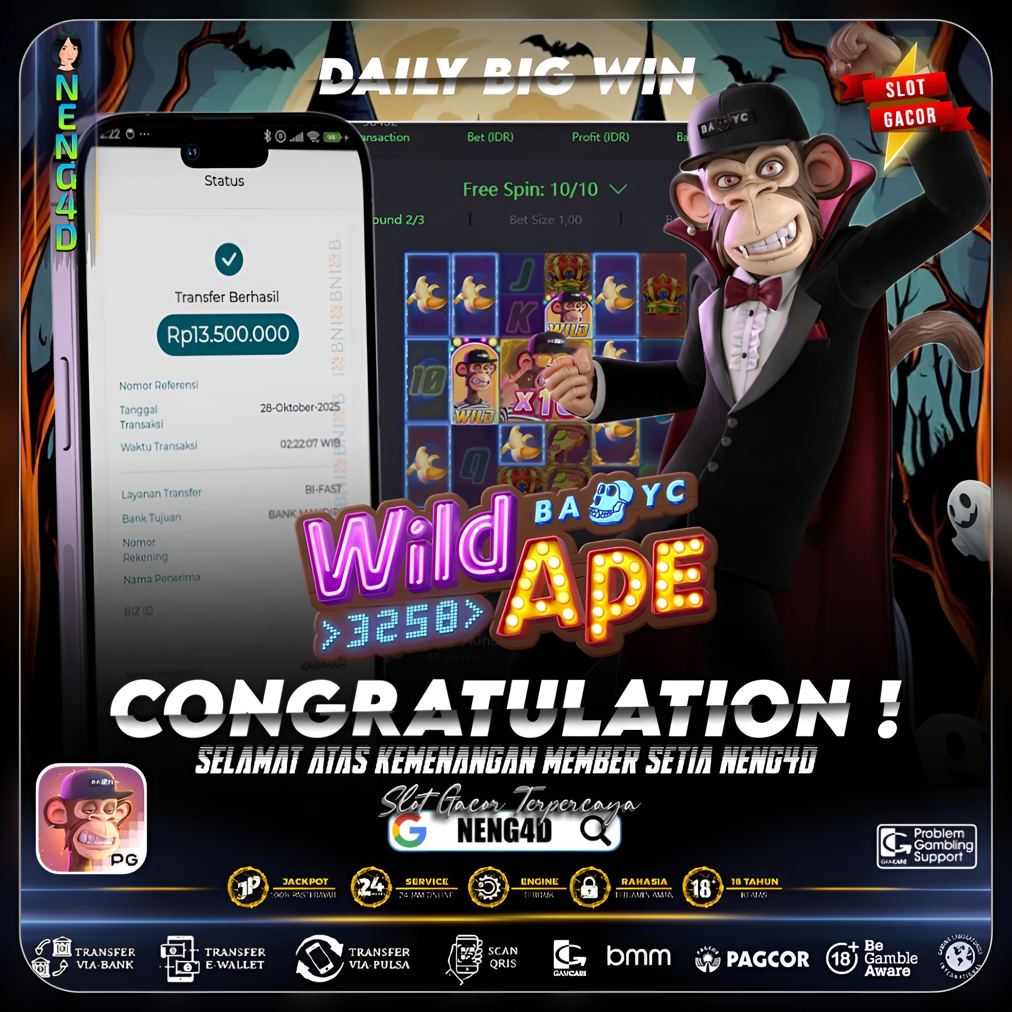 MEMBER SETIA NENG4D RAIH KEMENANGAN 13 JUTA DI WILD APE #3258 PG SOFT
