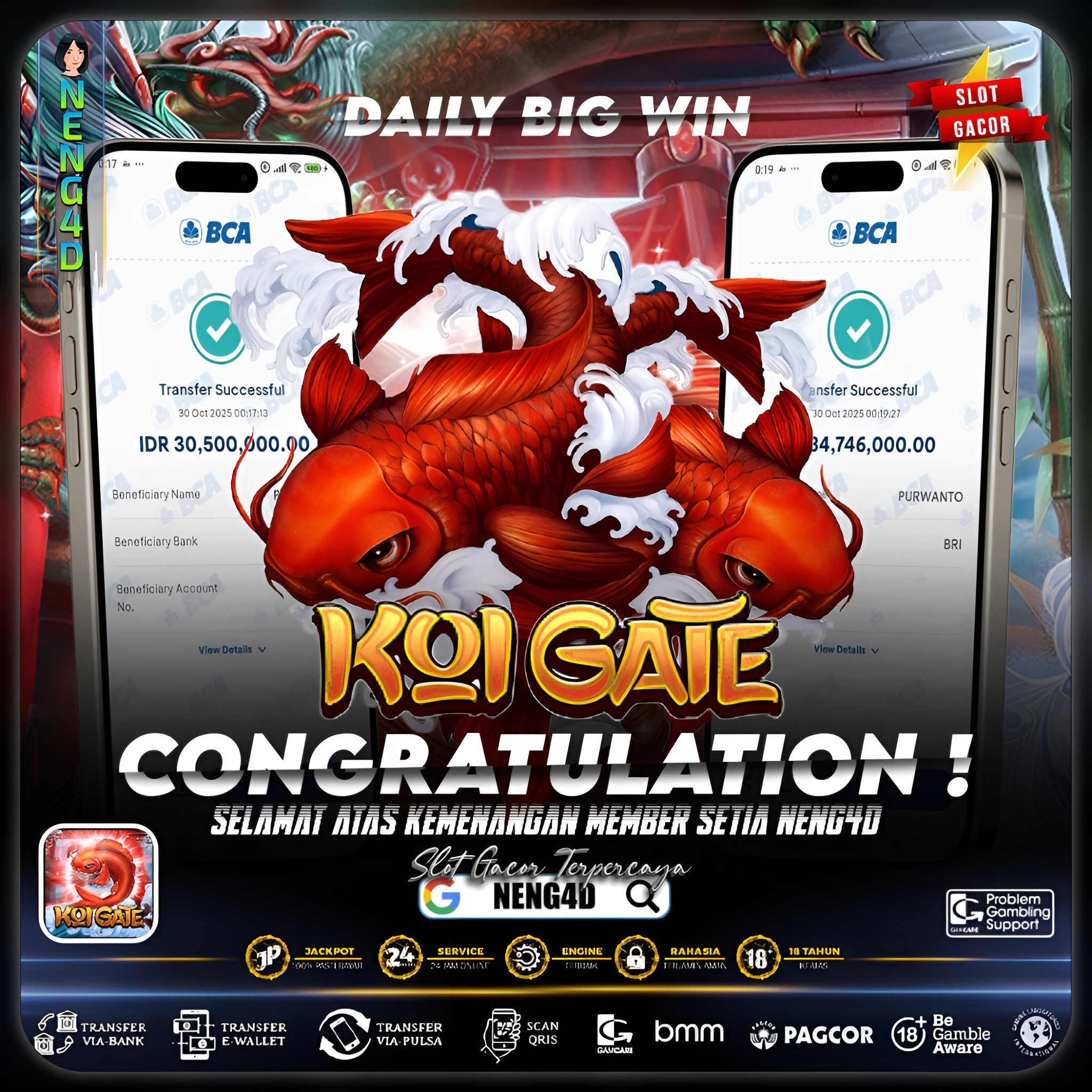 MEMBER SETIA NENG4D RAIH KEMENANGAN FANTASTIS 65 JUTA DI KOI GATE HABANERO