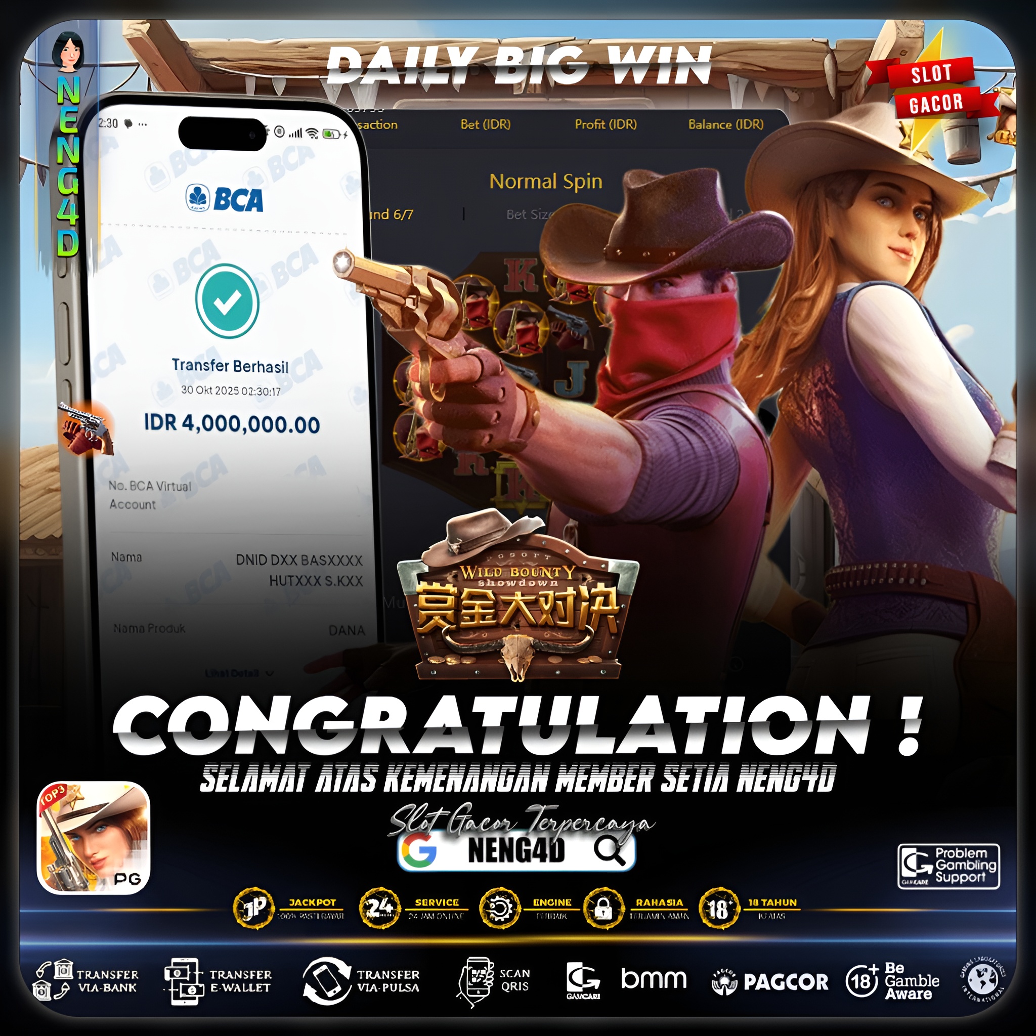 MEMBER SETIA NENG4D RAIH KEMENANGAN 4 JUTA DI WILD BOUNTY SHOWDOWN PG SOFT