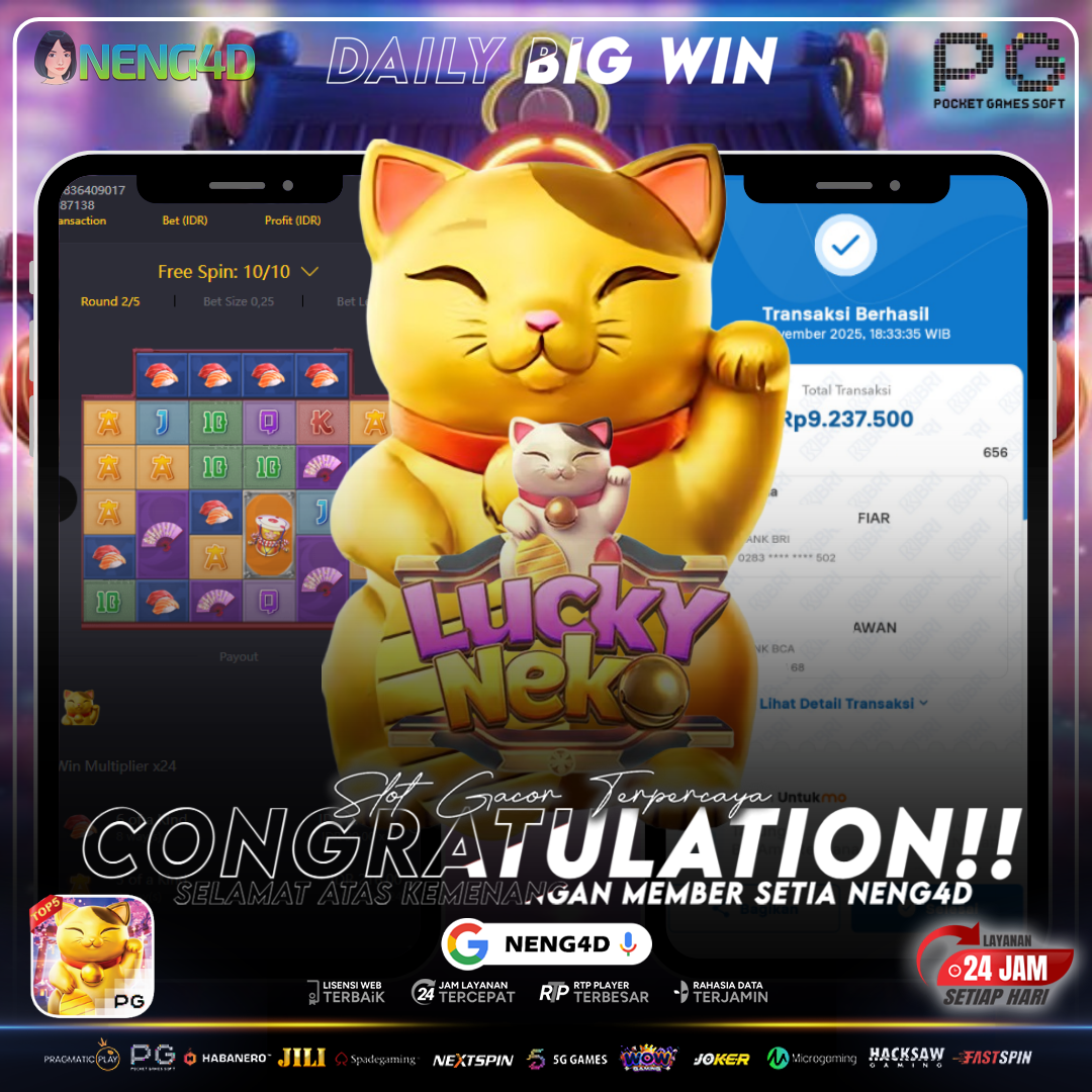 MEMBER SETIA NENG4D RAIH KEMENANGAN 9 JUTA DI LUCKY NEKO PG SOFT