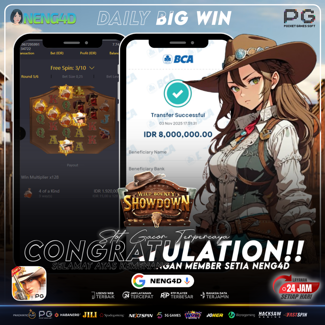 MEMBER SETIA NENG4D MENANG 8 JUTA DI WILD BOUNTY SHOWDOWN PG SOFT