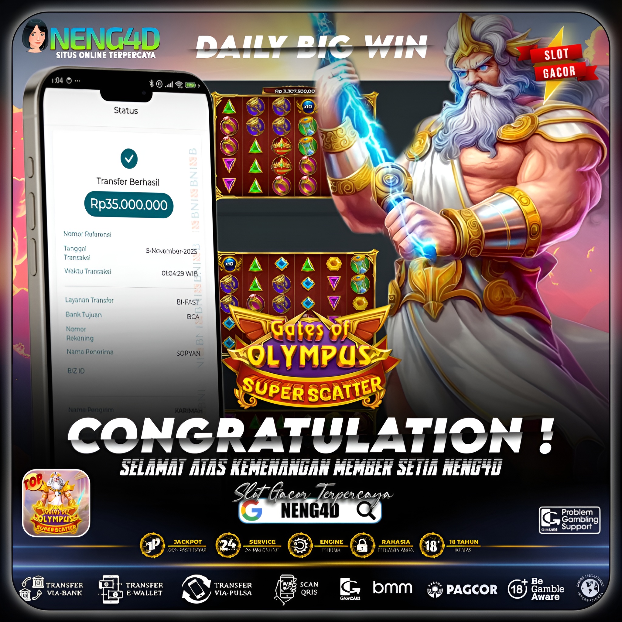 MEMBER SETIA NENG4D MENANG 35 JUTA DI GATES OF OLYMPUS SUPER SCATTER PRAGMATIC PLAY