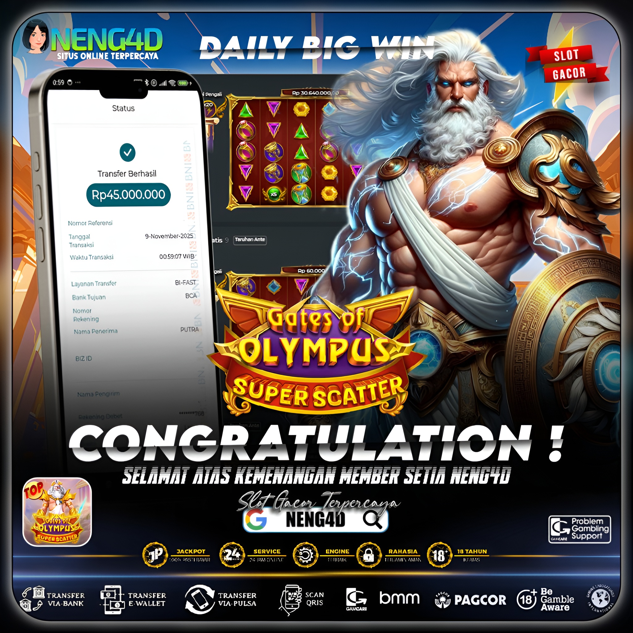 Kemenangan 45 Juta di Gates of Olympus Super Scatter Pragmatic Play