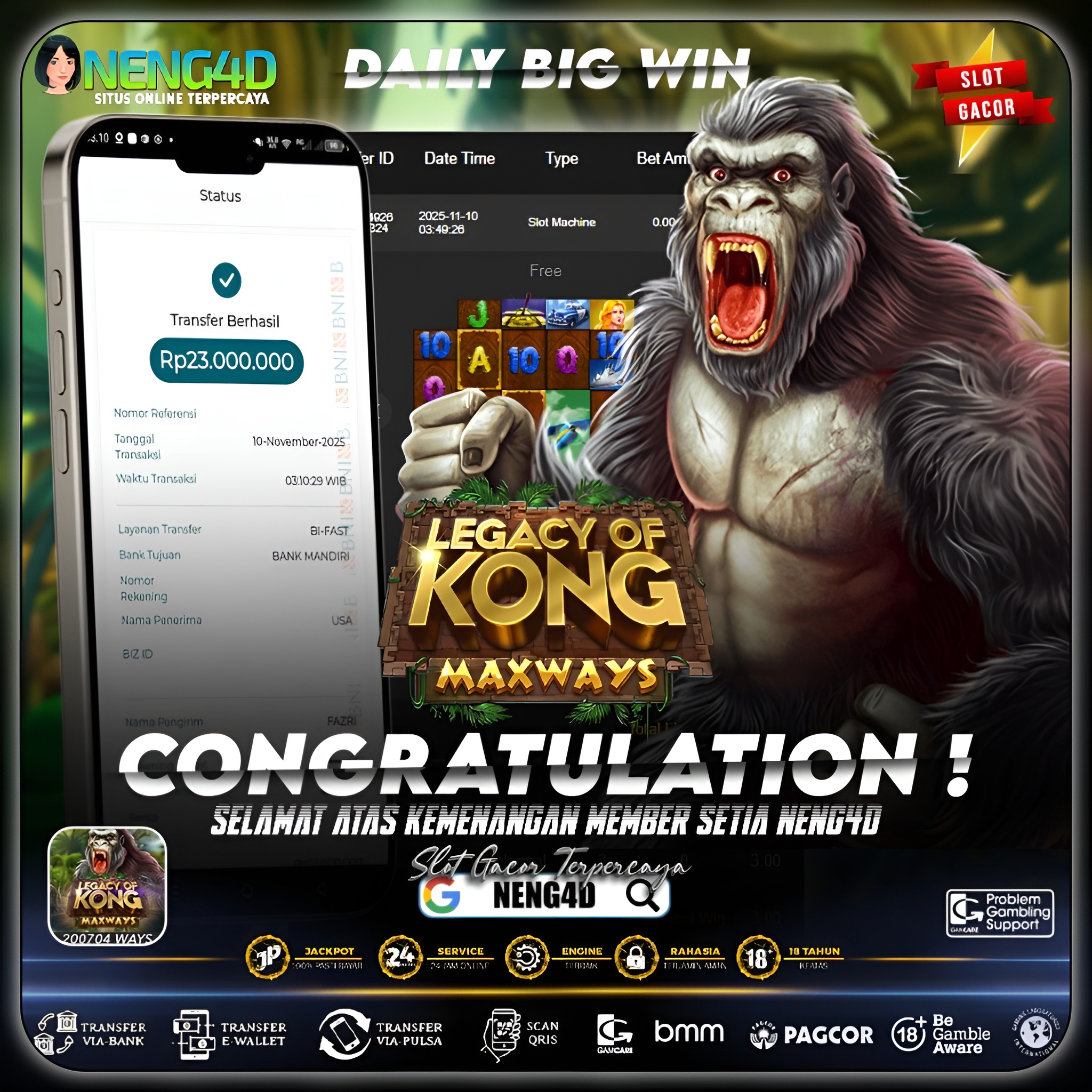 Kemenangan 23 Juta di Legacy of Kong Maxways Spadegaming