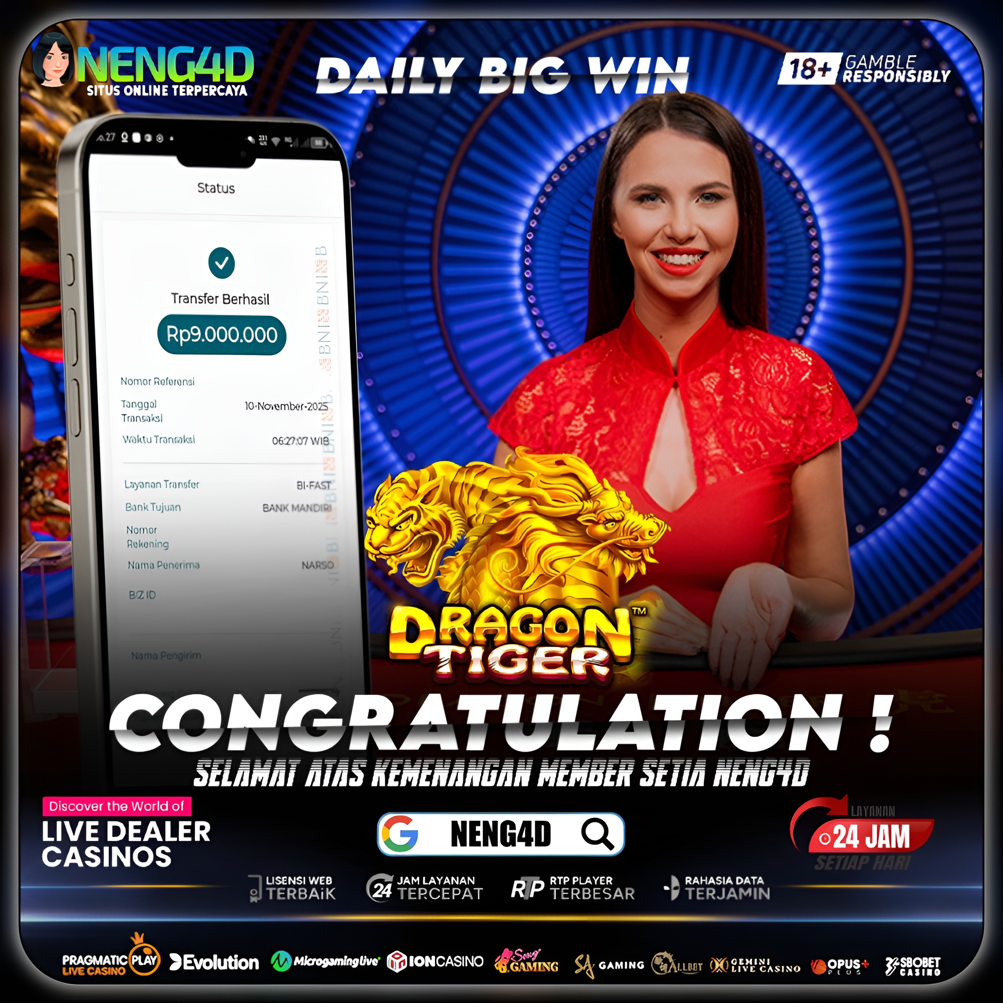 Kemenangan 9 Juta di Live Dragon Tiger Pragmatic Play