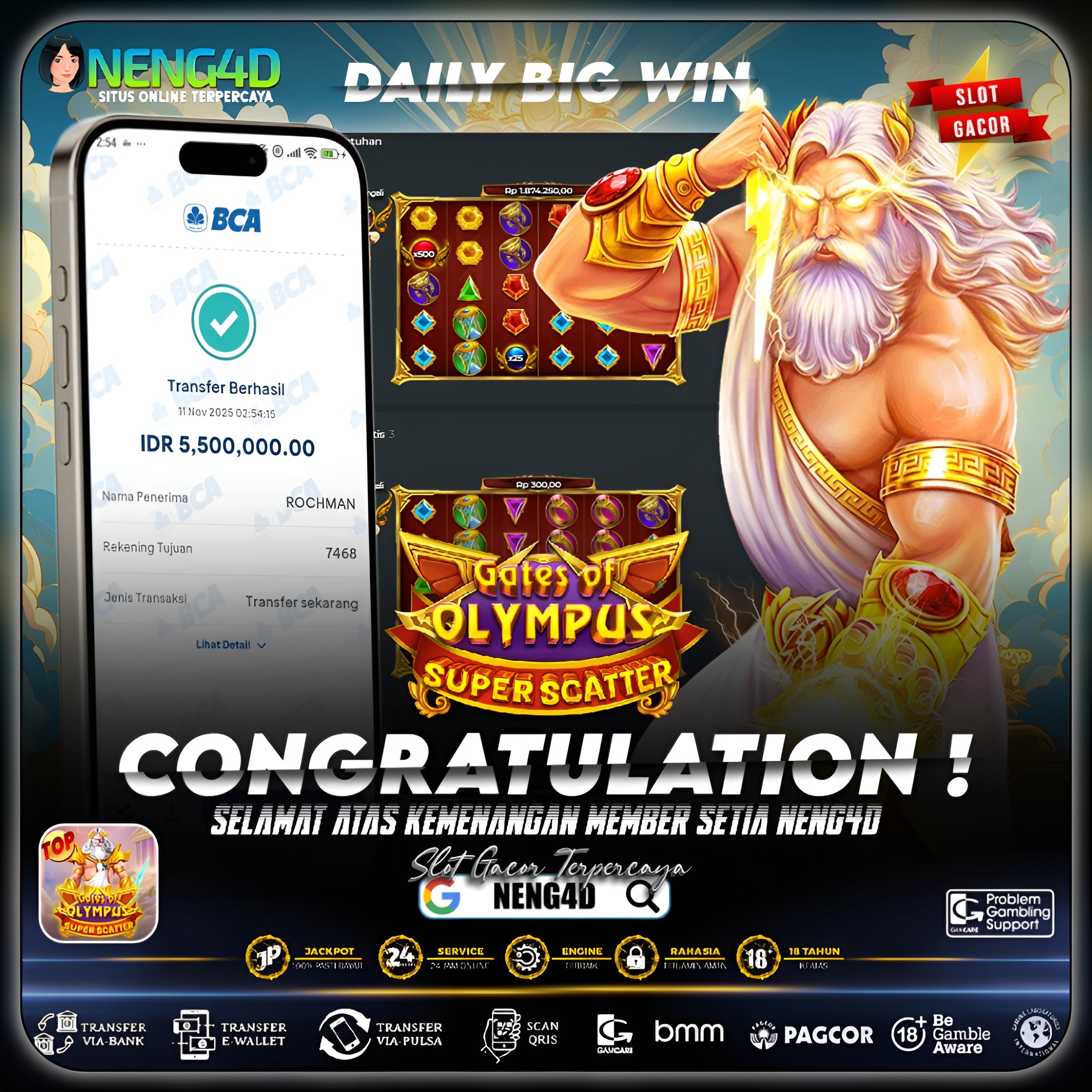 KEMENANGAN 5,5 JUTA DI GATES OF OLYMPUS SUPER SCATTER PRAGMATIC PLAY