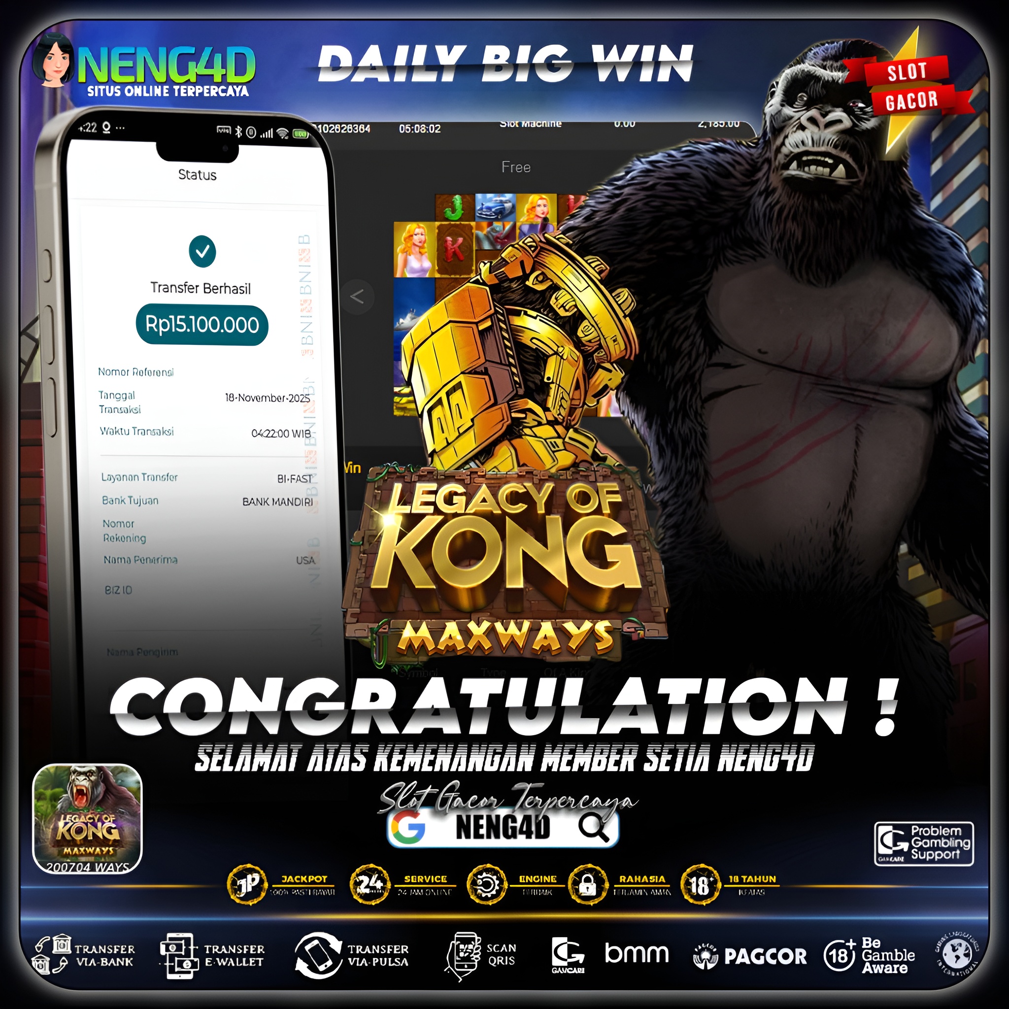 MENANG 15JT MAIN DI LEGACY OF KONG MAXWAYS SPADEGAMING