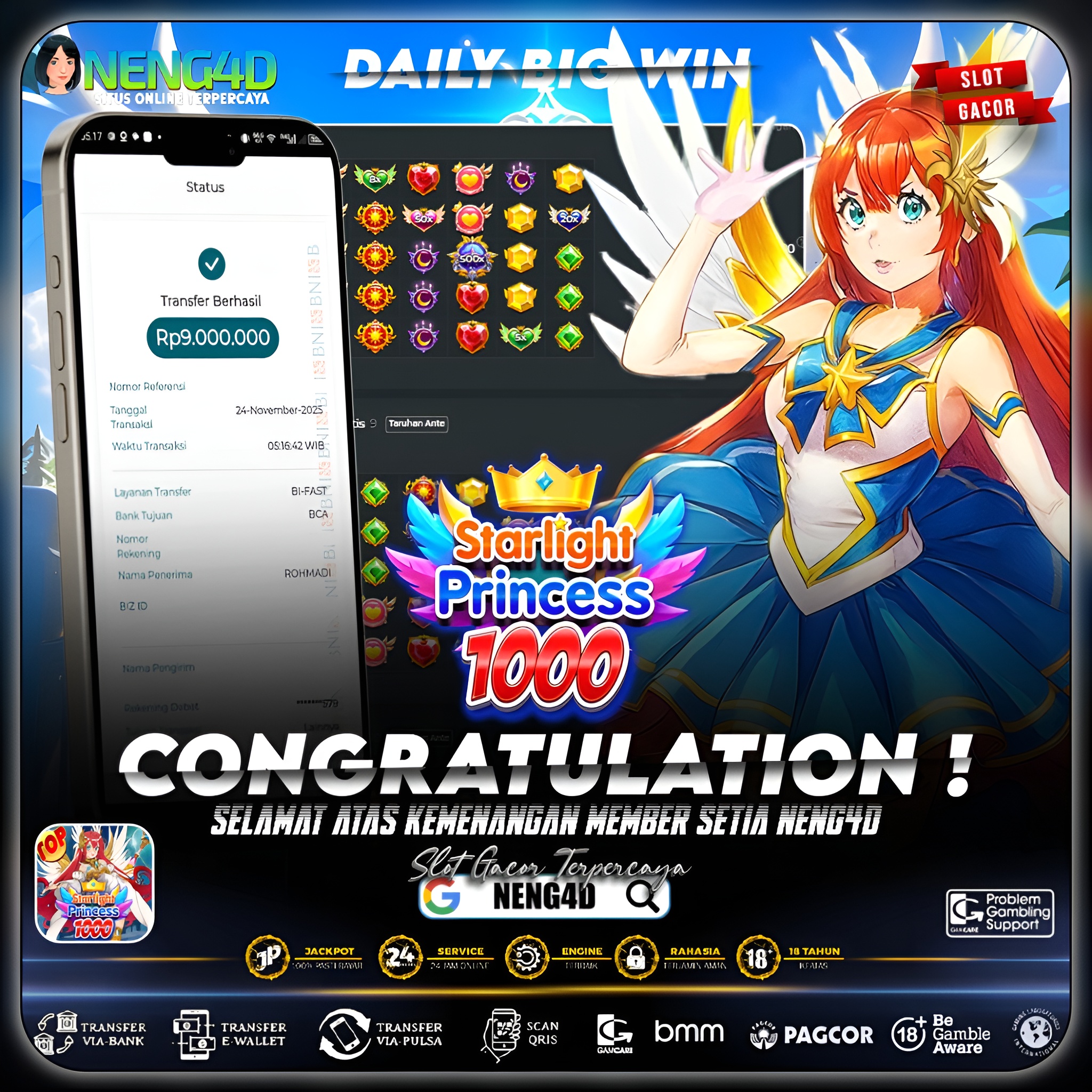 MEMBER NENG4D RAIH KEMENANGAN FANTASTIS 9 JUTA DI STARLIGHT PRINCESS 1000