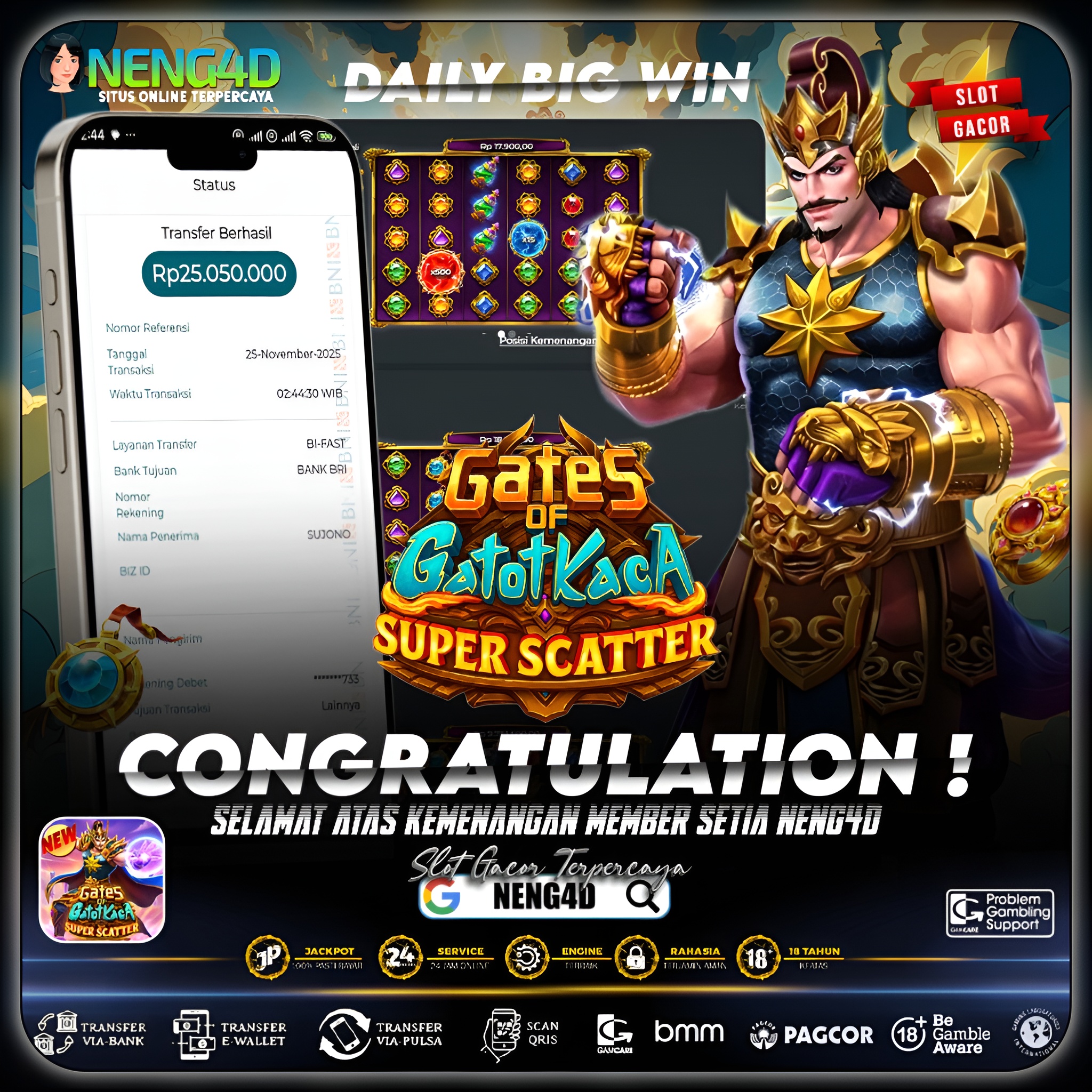 MEMBER NENG4D MENANG 25 JUTA DI GATES OF GATOT KACA SUPER SCATTER