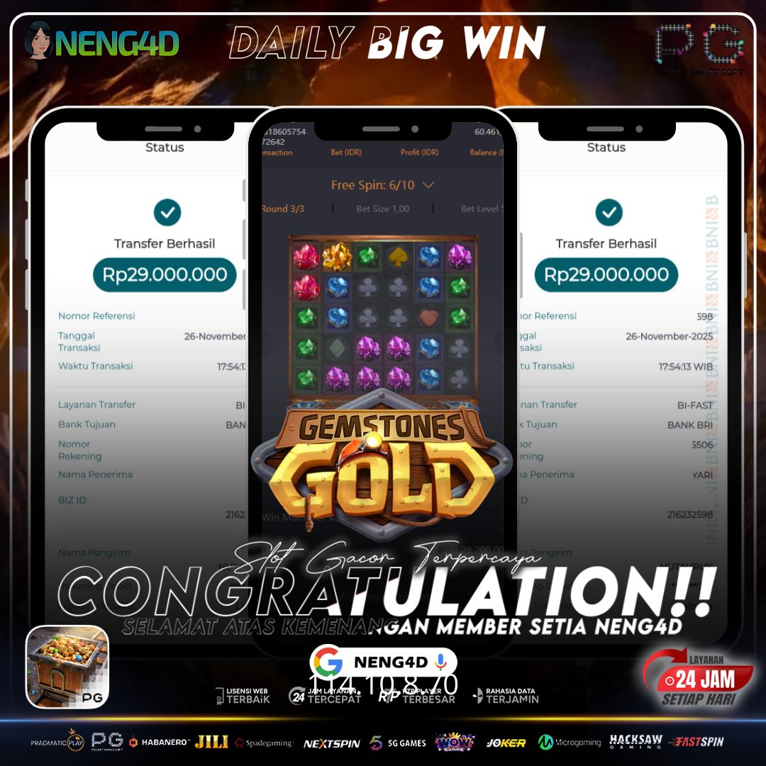 MEMBER SETIA NENG4D MENANG 58 JUTA DI GEMSTONES GOLD PG SOFT