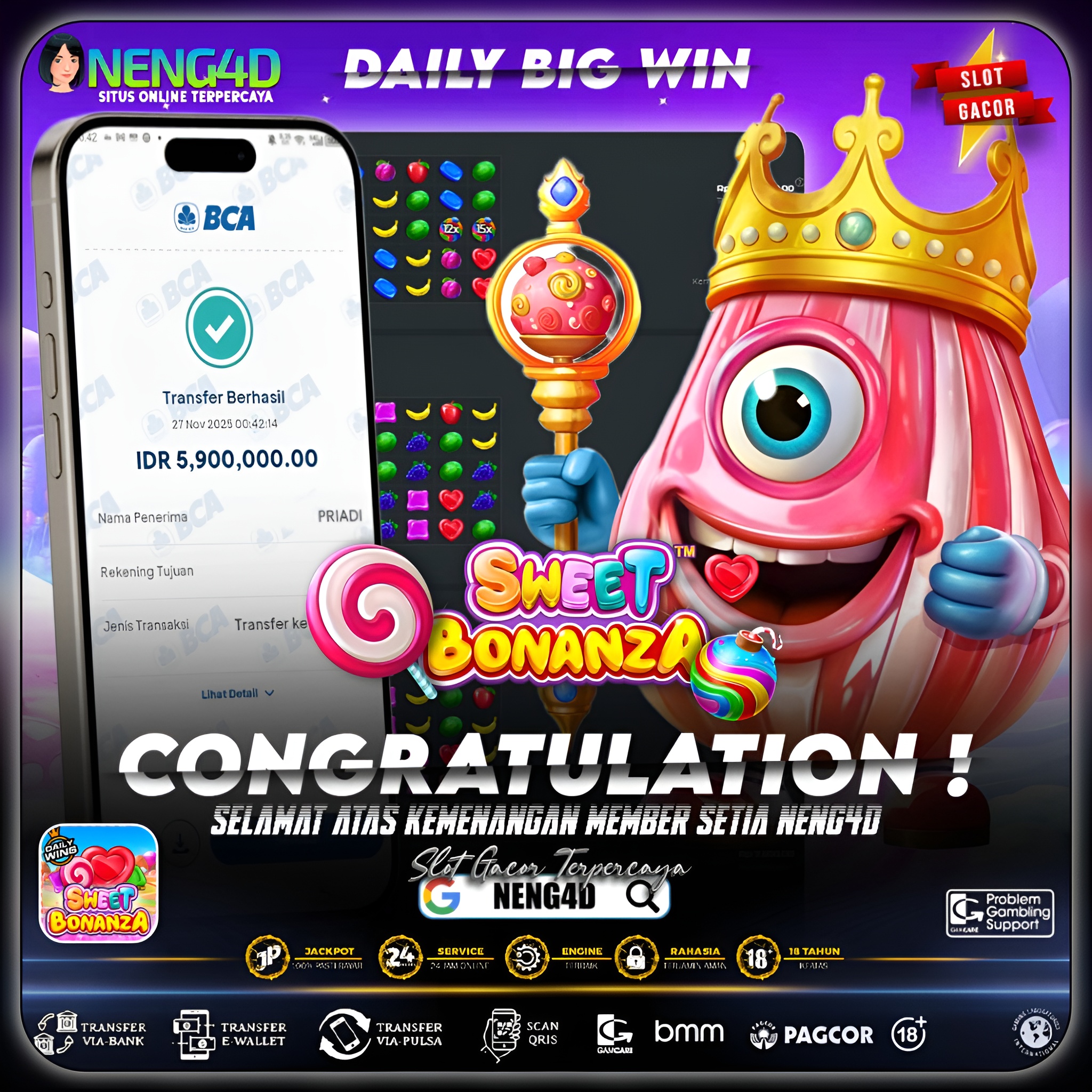 MEMBER NENG4D MENANG 5 JUTA DI SWEET BONANZA PRAGMATIC PLAY