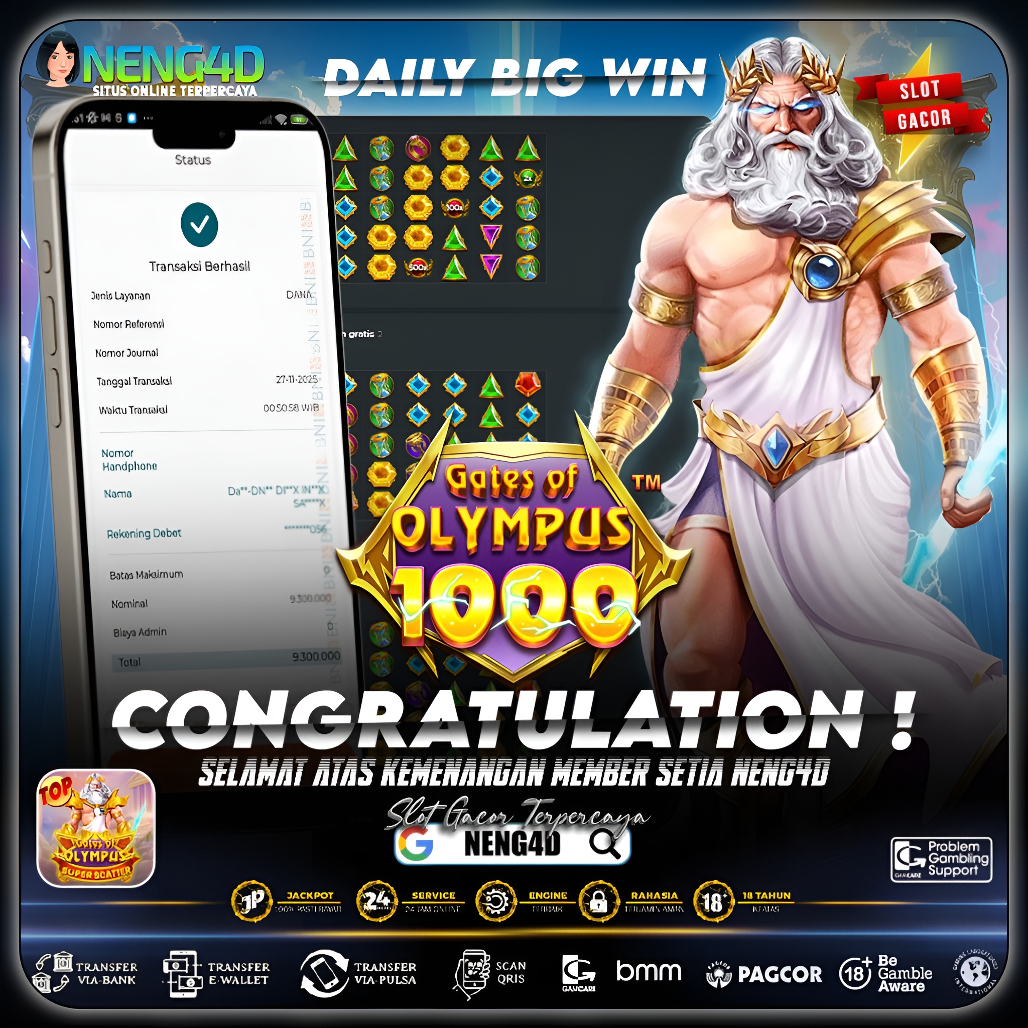 MEMBER NENG4D MENANG 9 JUTA DI GATES OF OLYMPUS 1000