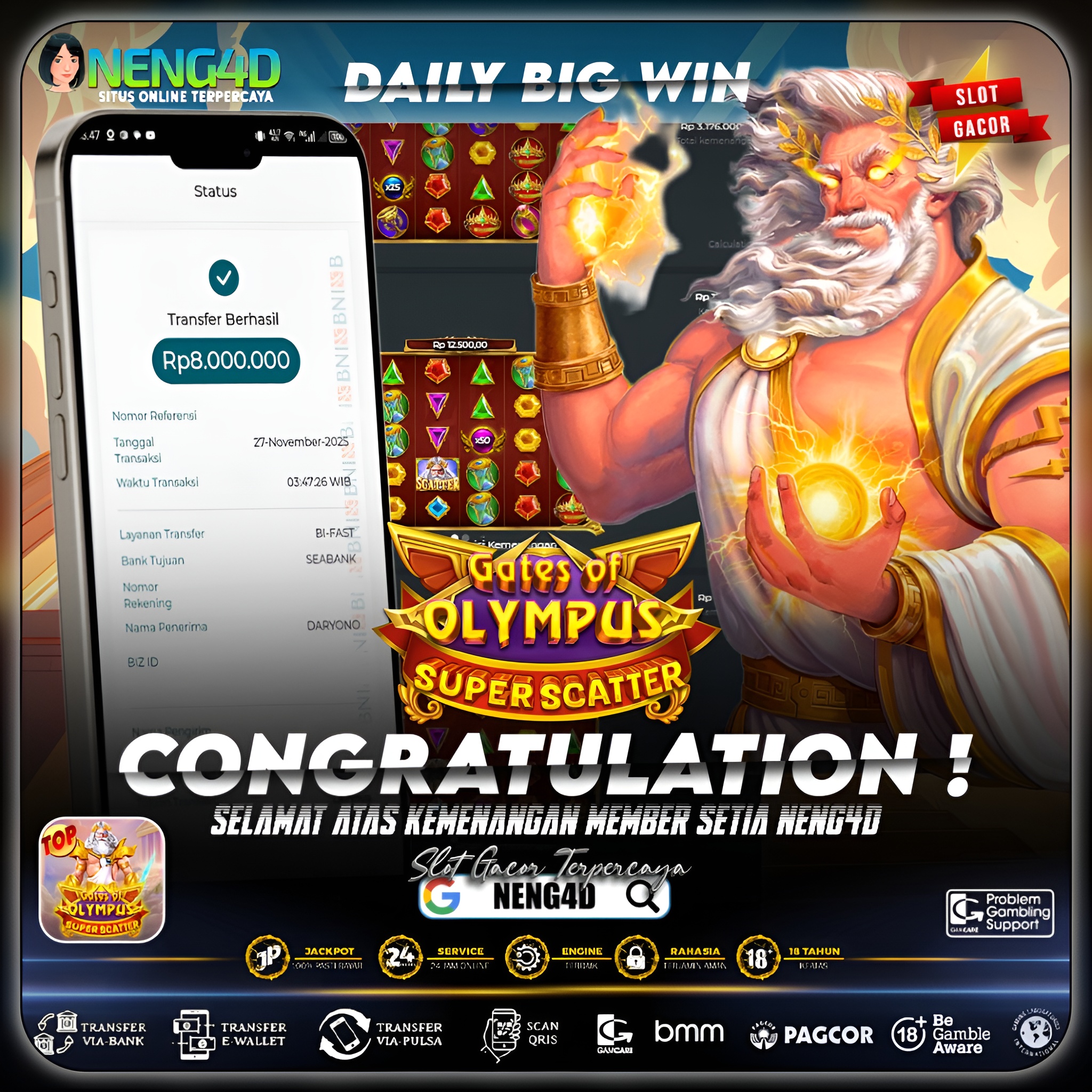 MEMBER NENG4D MENANG 8 JUTA DI GATES OF OLYMPUS SUPER SCATTER