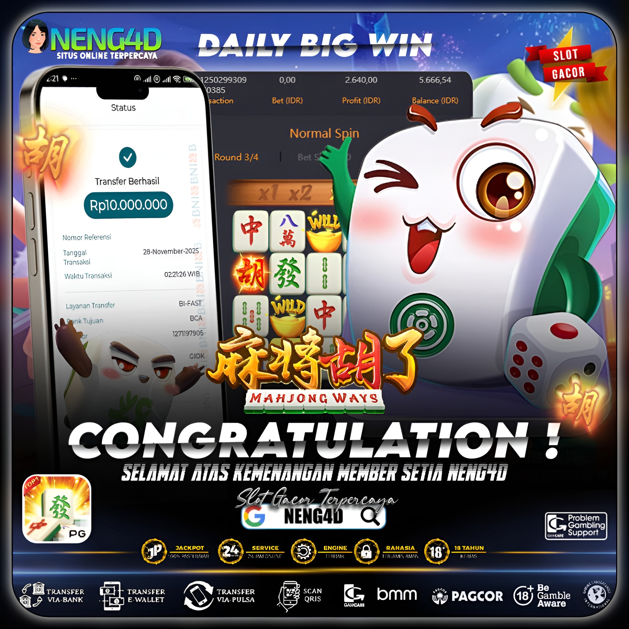 MEMBER NENG4D MENANG 10 JUTA DI MAHJONG WAYS PG SOFT