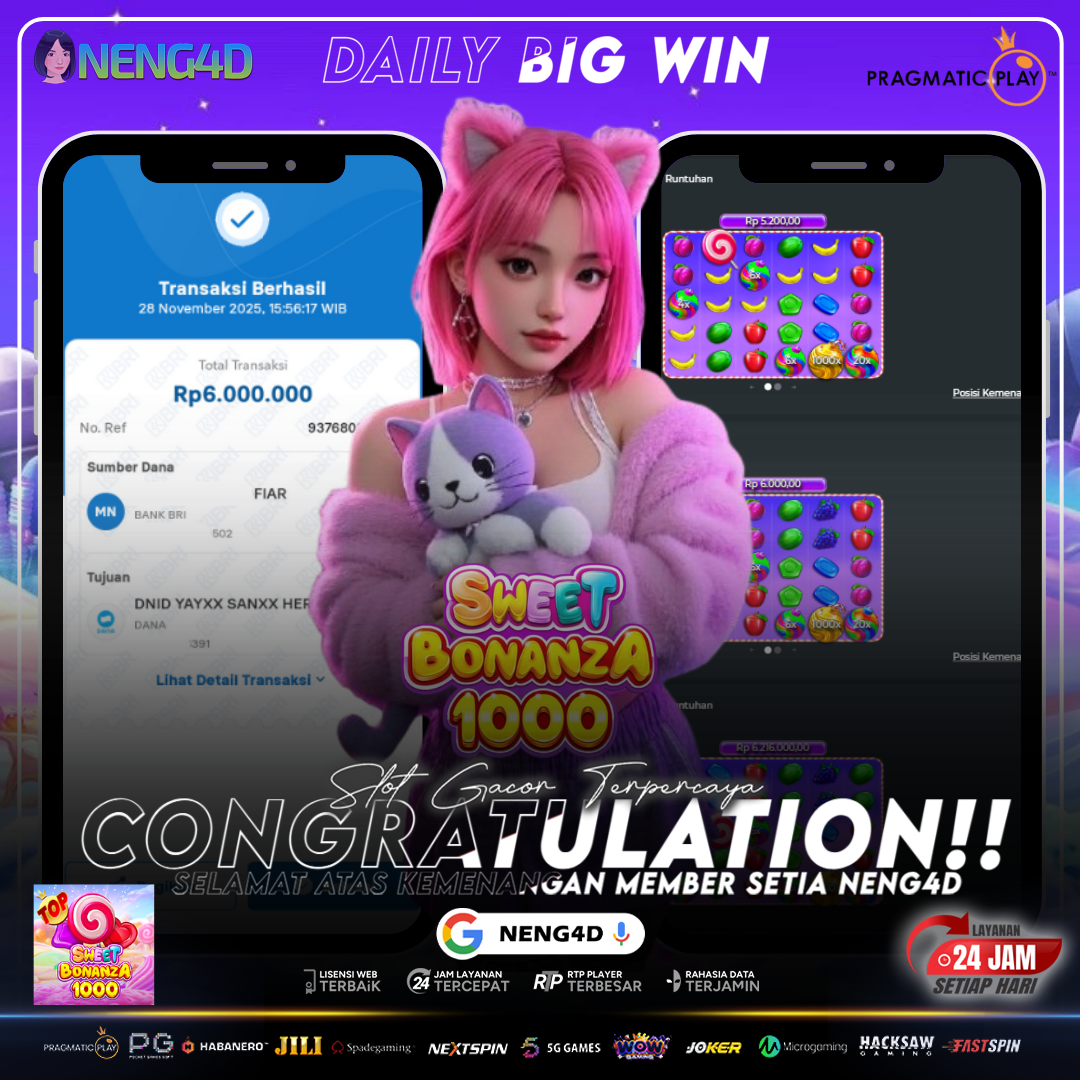 MEMBER NENG4D MENANG 6 JUTA DI SWEET BONANZA PRAGMATIC PLAY