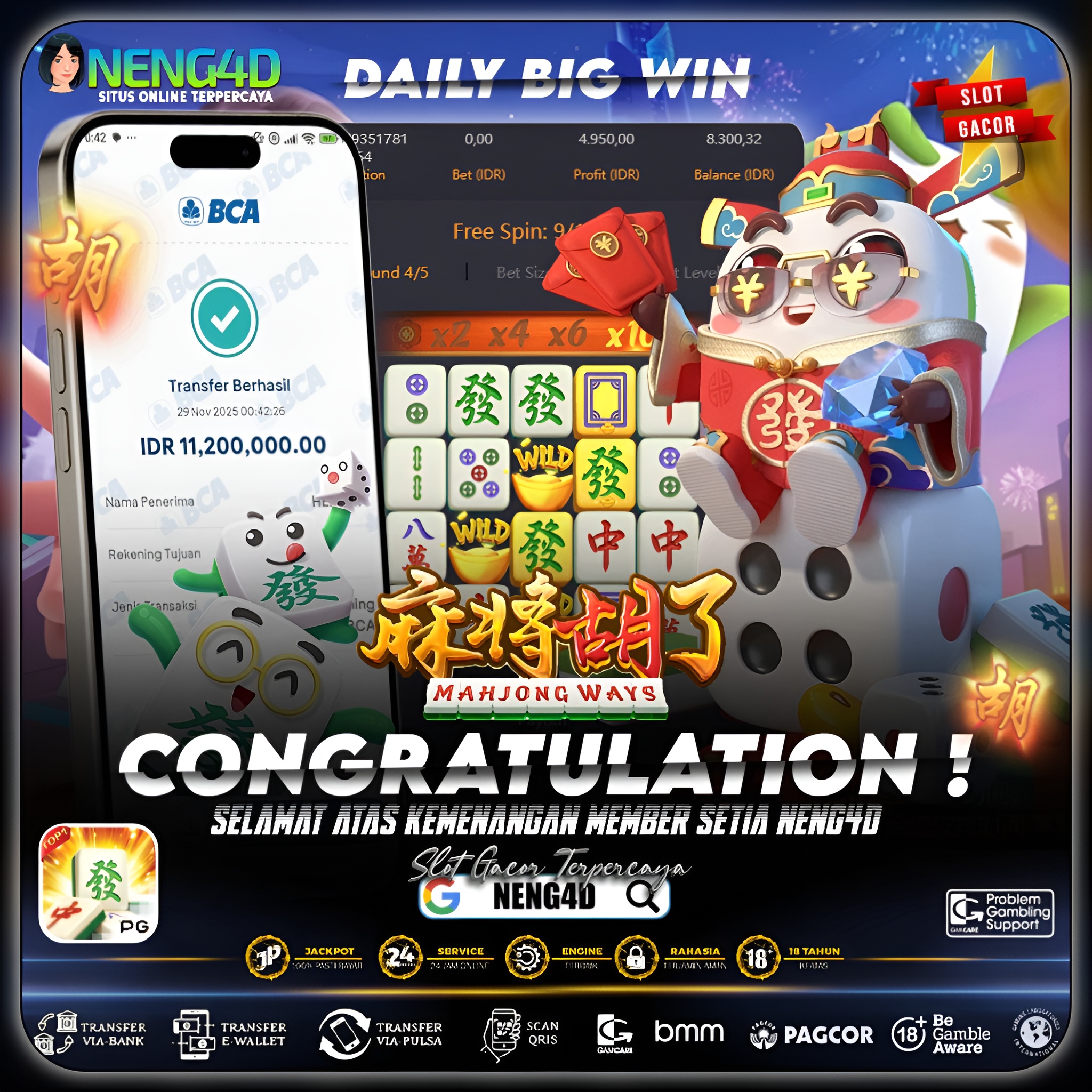 MEMBER NENG4D MENANG 11 JUTA DI MAHJONG WAYS PG SOFT