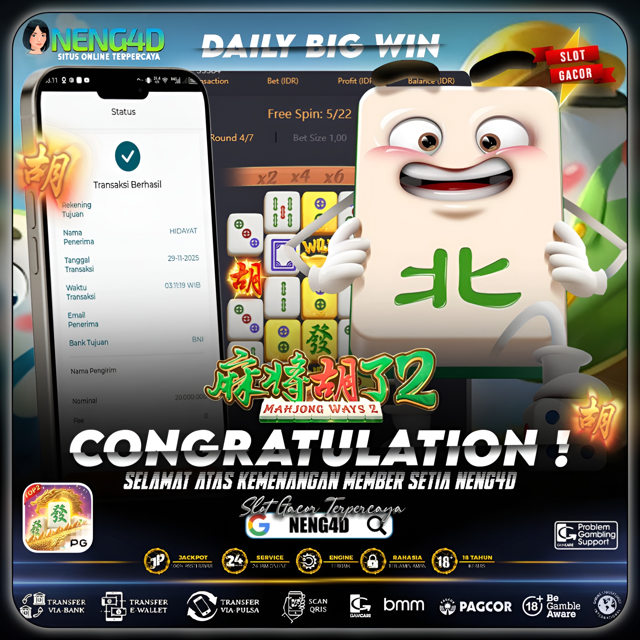 MEMBER NENG4D MENANG 20 JUTA DI MAHJONG WAYS 2 PG SOFT