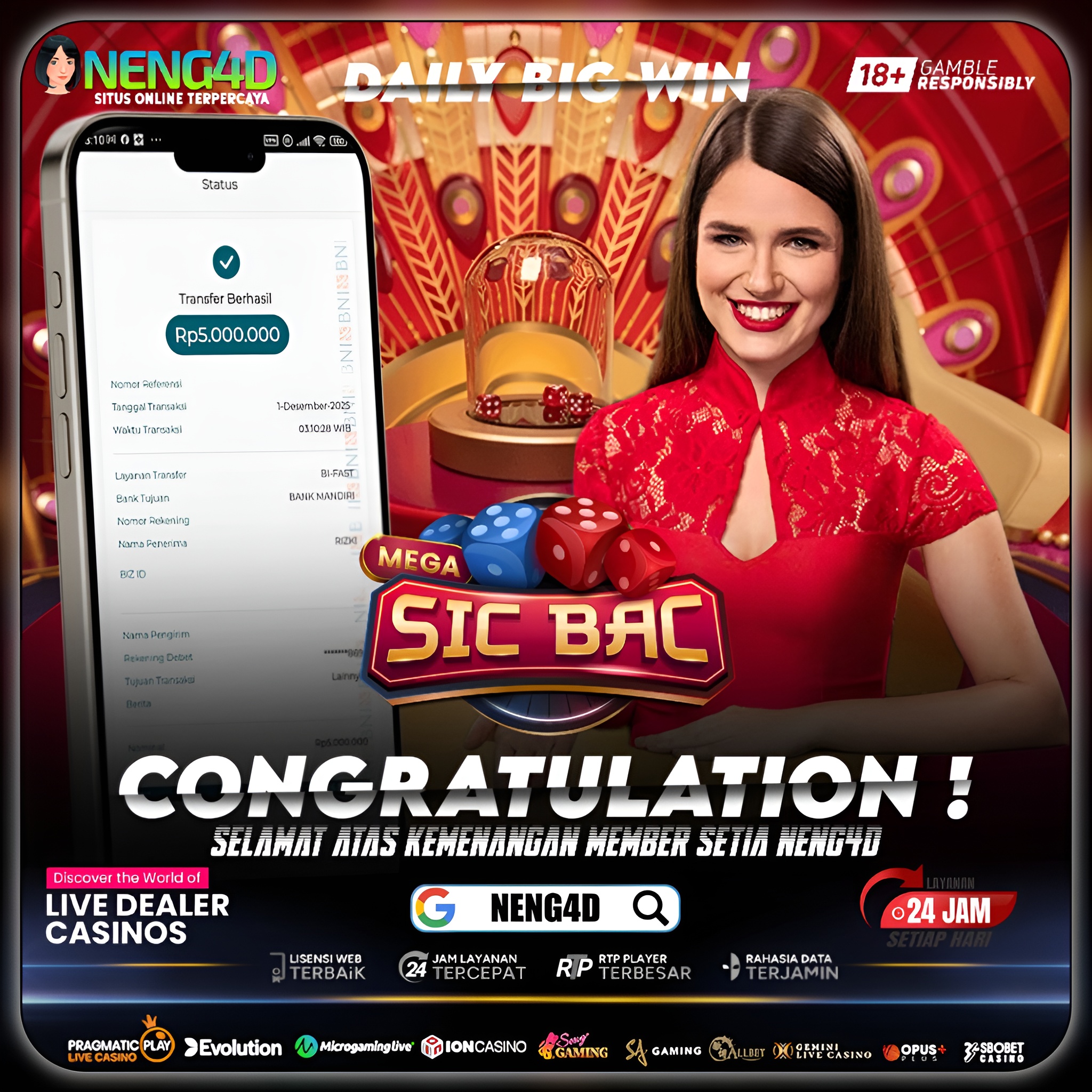 KEMENANGAN 5 JUTA DI LIVE GAMES MEGA SIC BAC PRAGMATIC PLAY